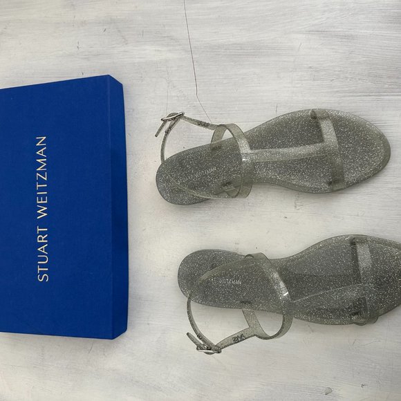 Stuart Weitzman Mellie Jelly Flat Sandals Silver Glitter Open Toe 38.5 - Picture 4 of 11